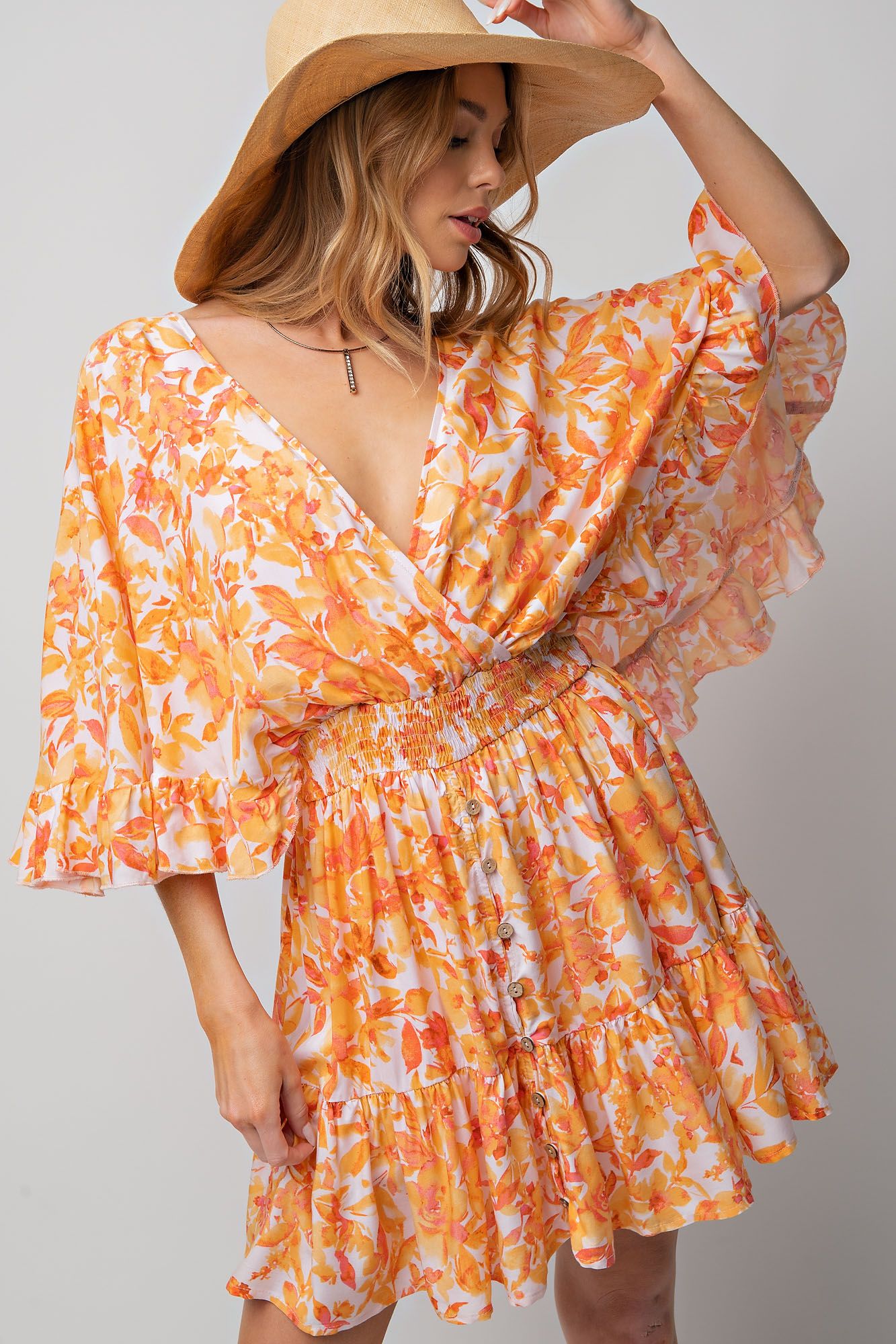 Printed Challis Ruffle Wing Sleeve Dress