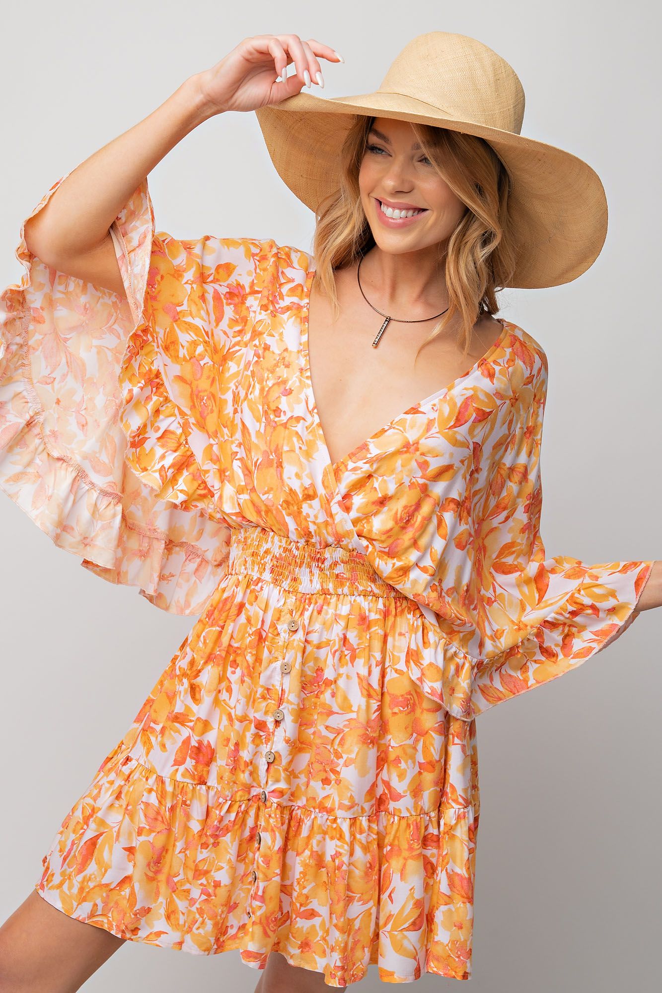 Printed Challis Ruffle Wing Sleeve Dress