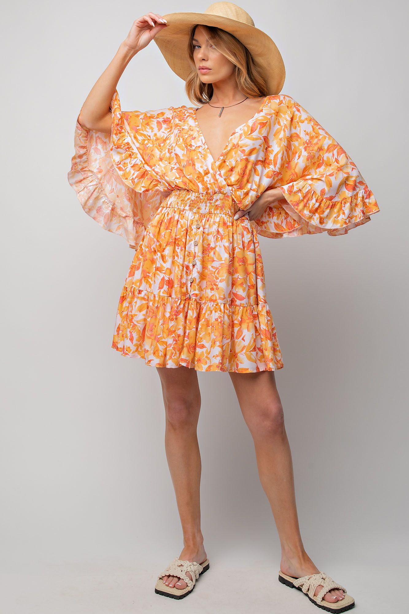 Printed Challis Ruffle Wing Sleeve Dress