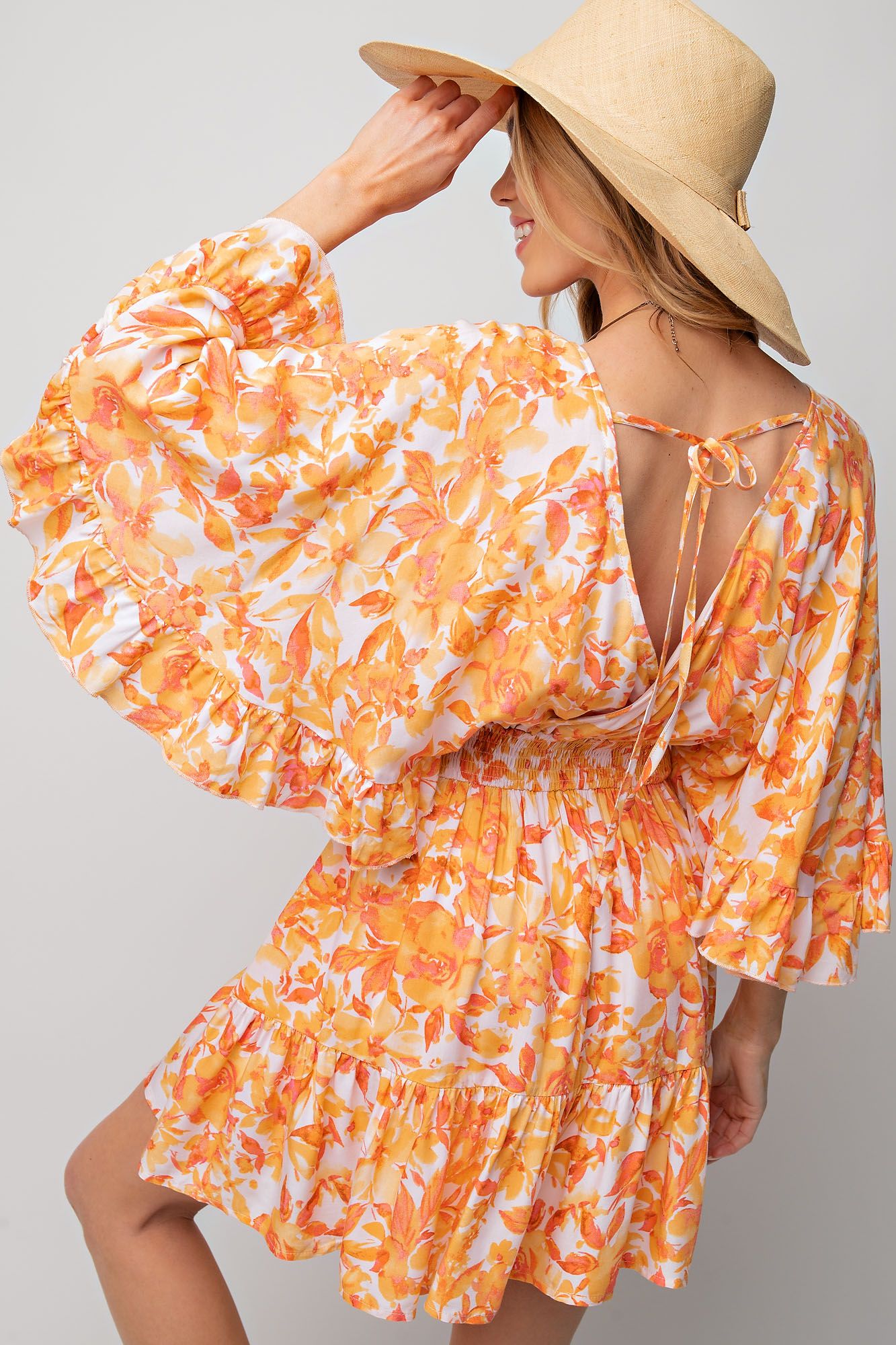 Printed Challis Ruffle Wing Sleeve Dress