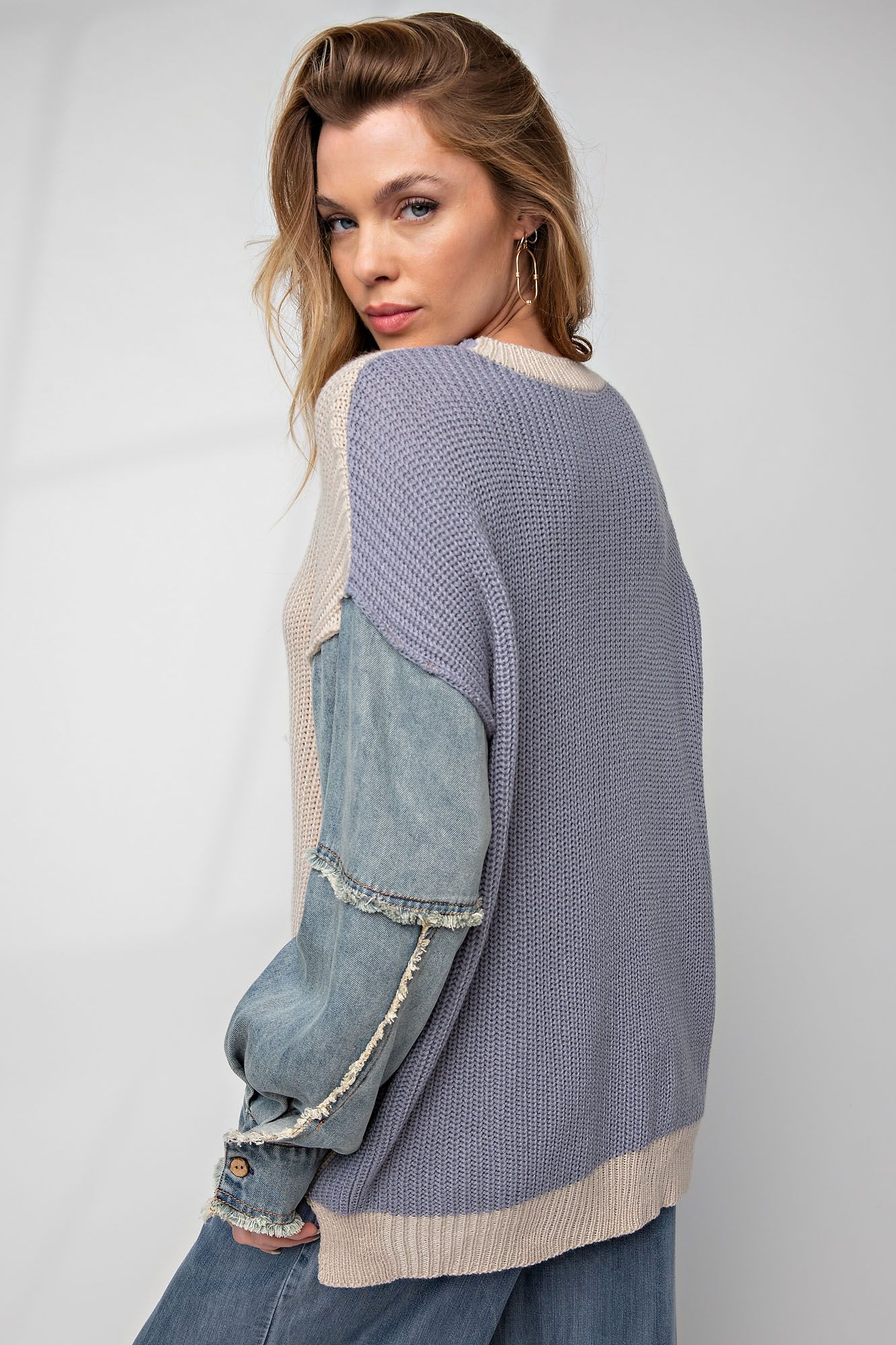 Denim Sleeved Pullover Sweater