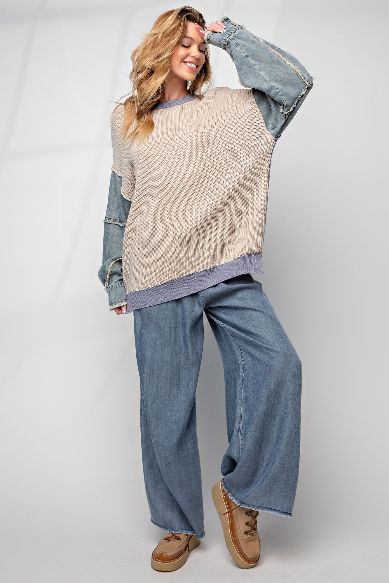 Denim Sleeved Pullover Sweater