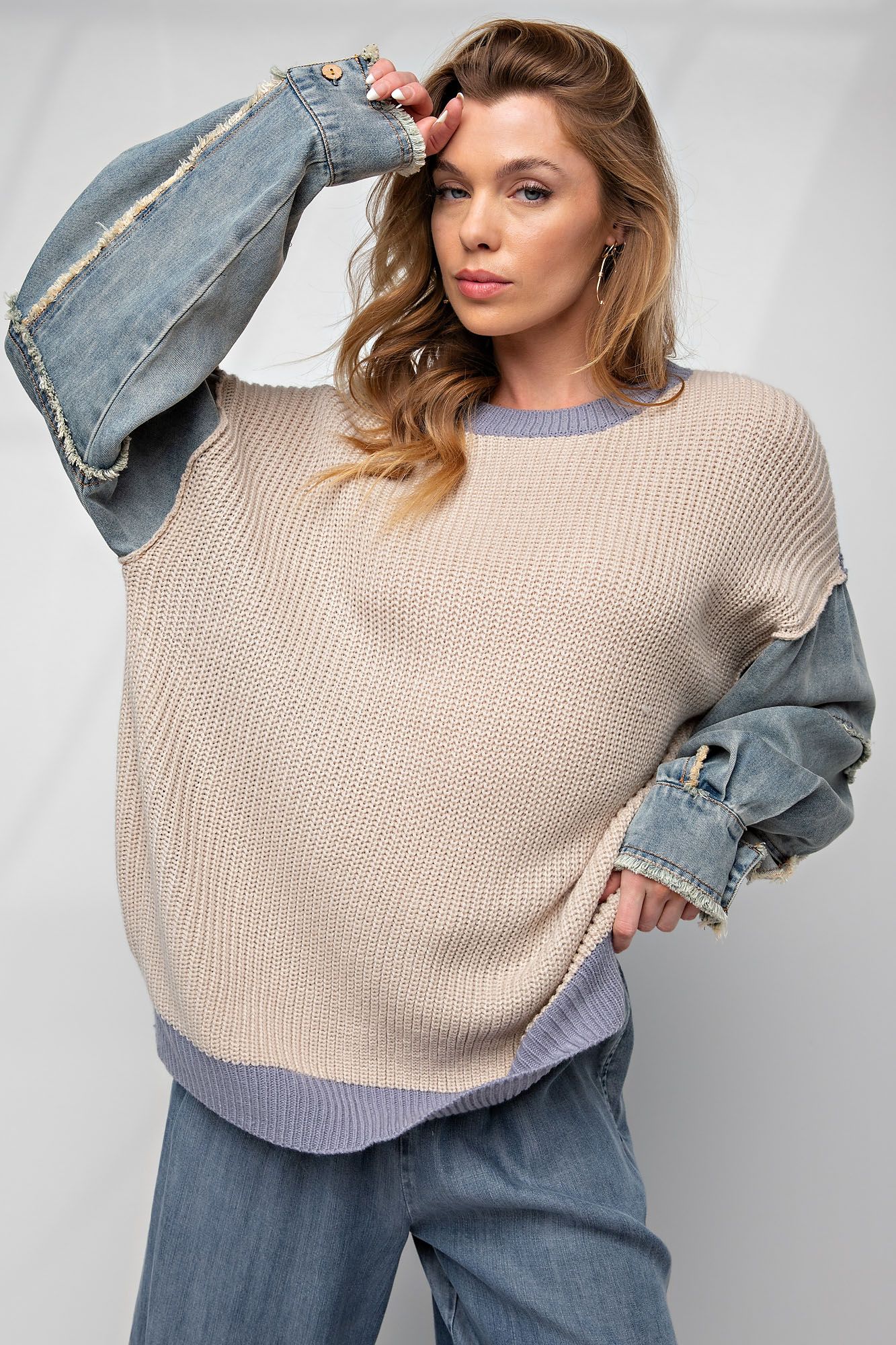 Denim Sleeved Pullover Sweater