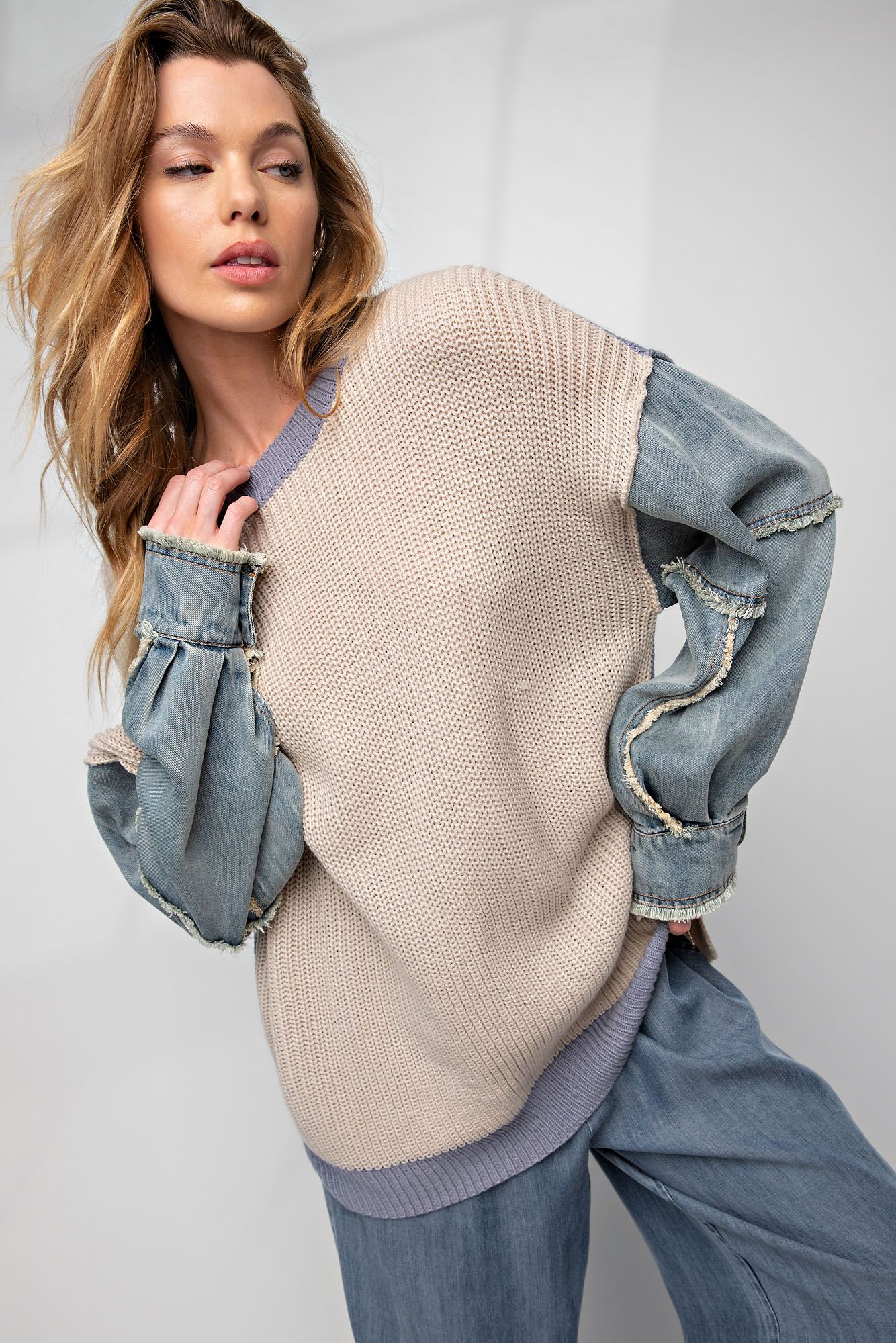 Denim Sleeved Pullover Sweater