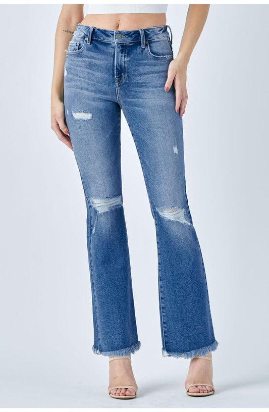 Medium Wash Distressed Hem Denim Flare