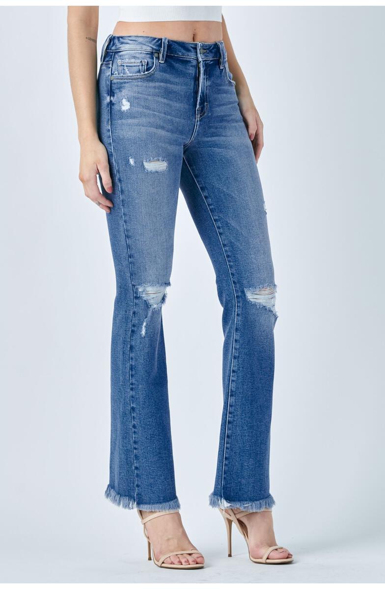 Medium Wash Distressed Hem Denim Flare