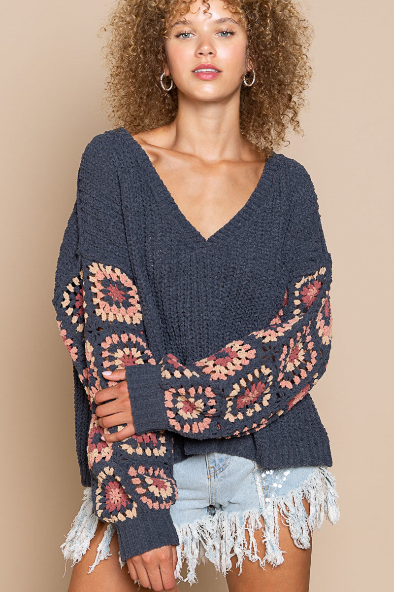 Chenille Sweater with Handmade Panel Sleeve