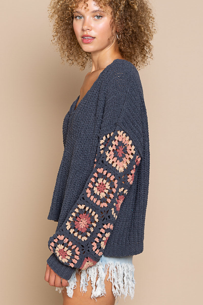 Chenille Sweater with Handmade Panel Sleeve