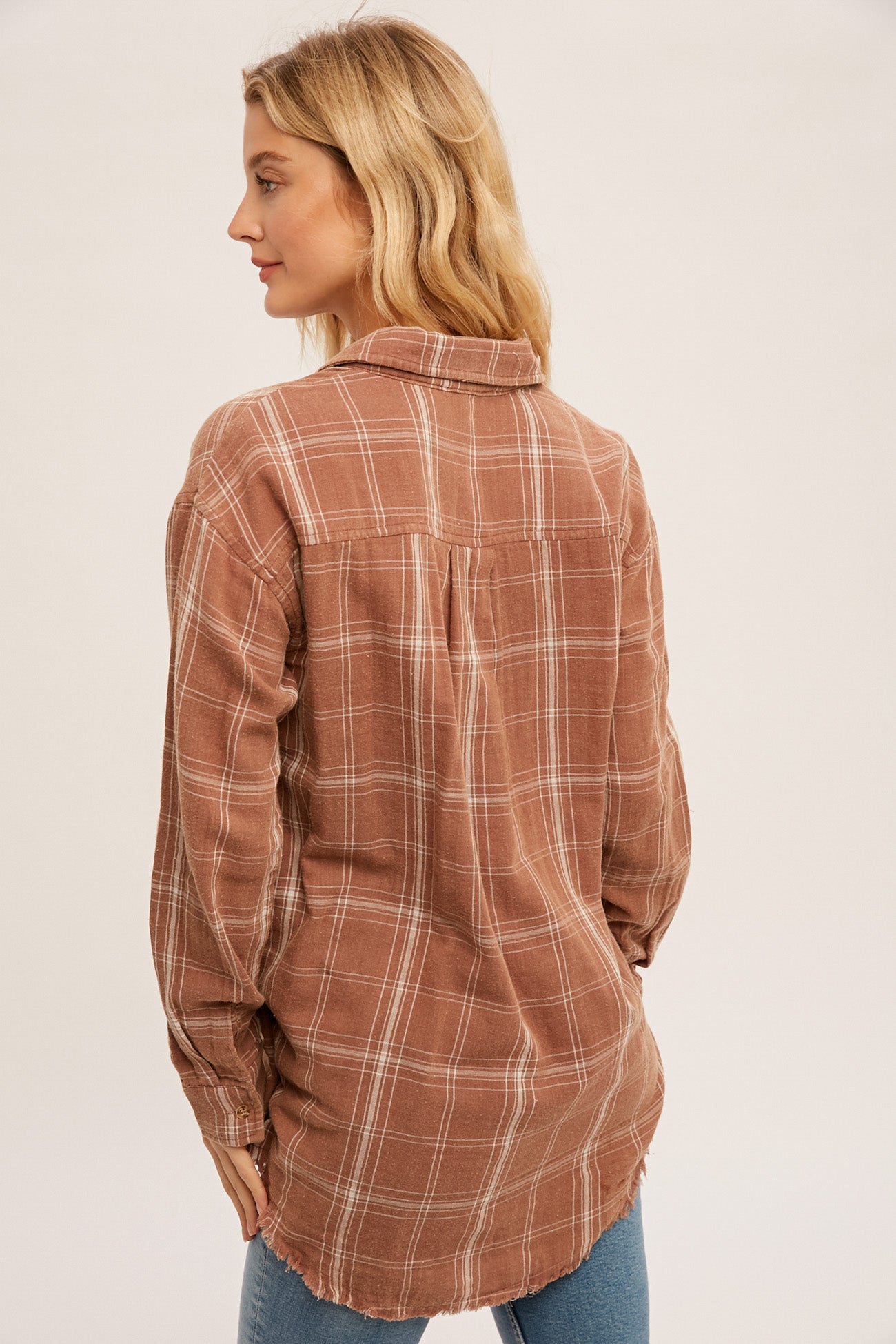 Plaid Frayed Hem Button Down Top