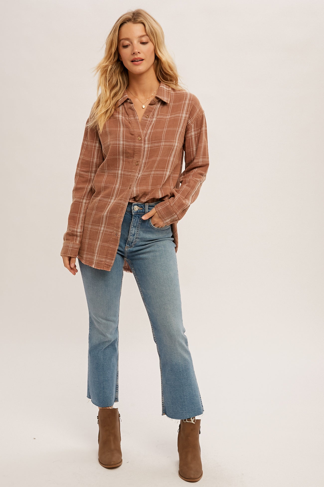 Plaid Frayed Hem Button Down Top