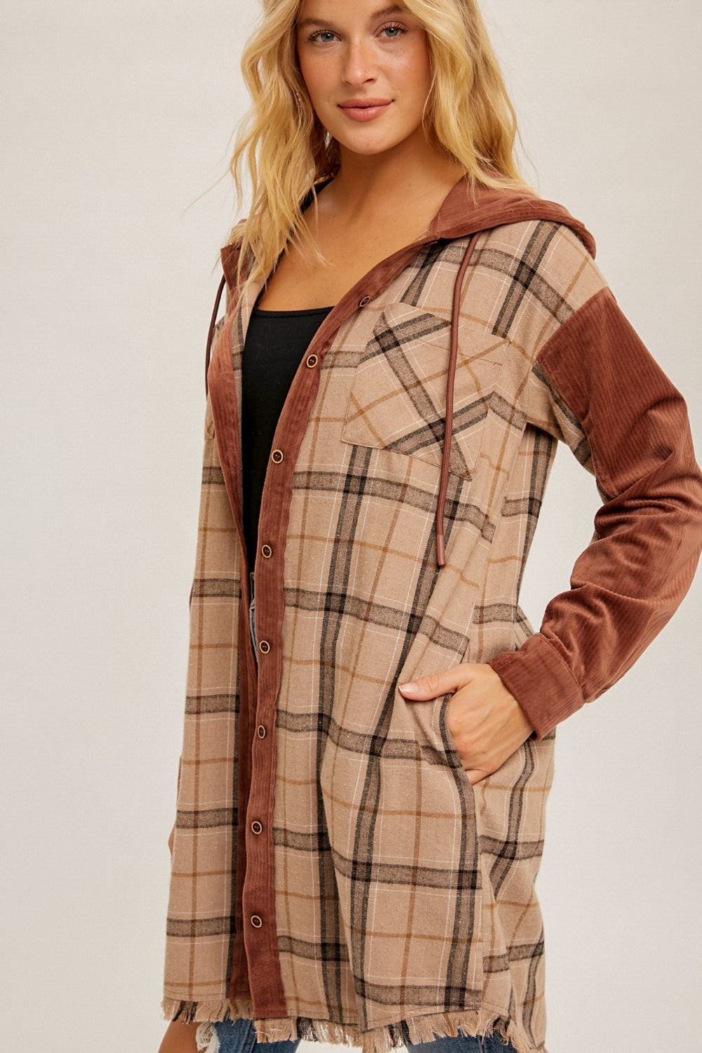 Check Corduroy Hoodie Tunic Shirt