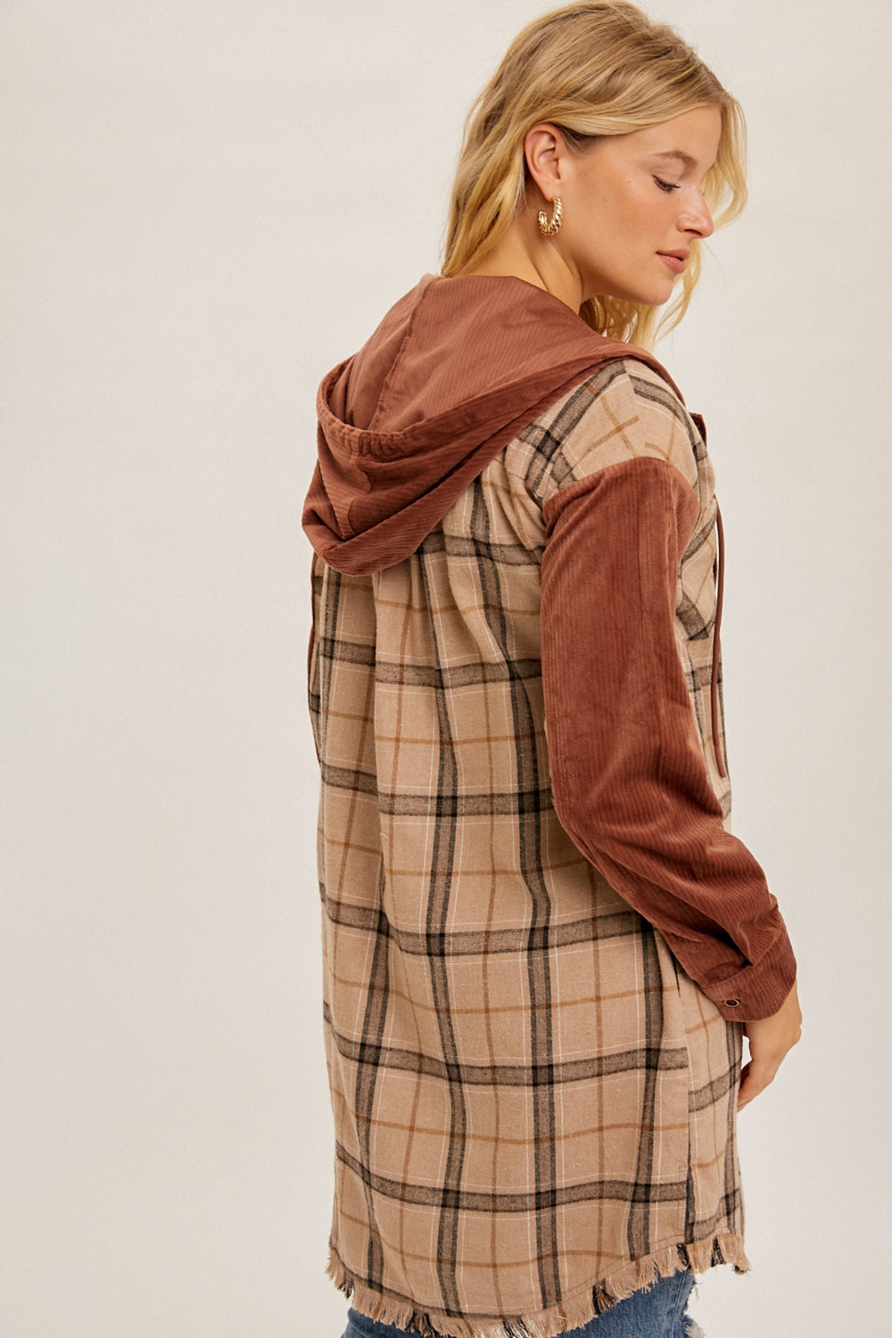 Check Corduroy Hoodie Tunic Shirt