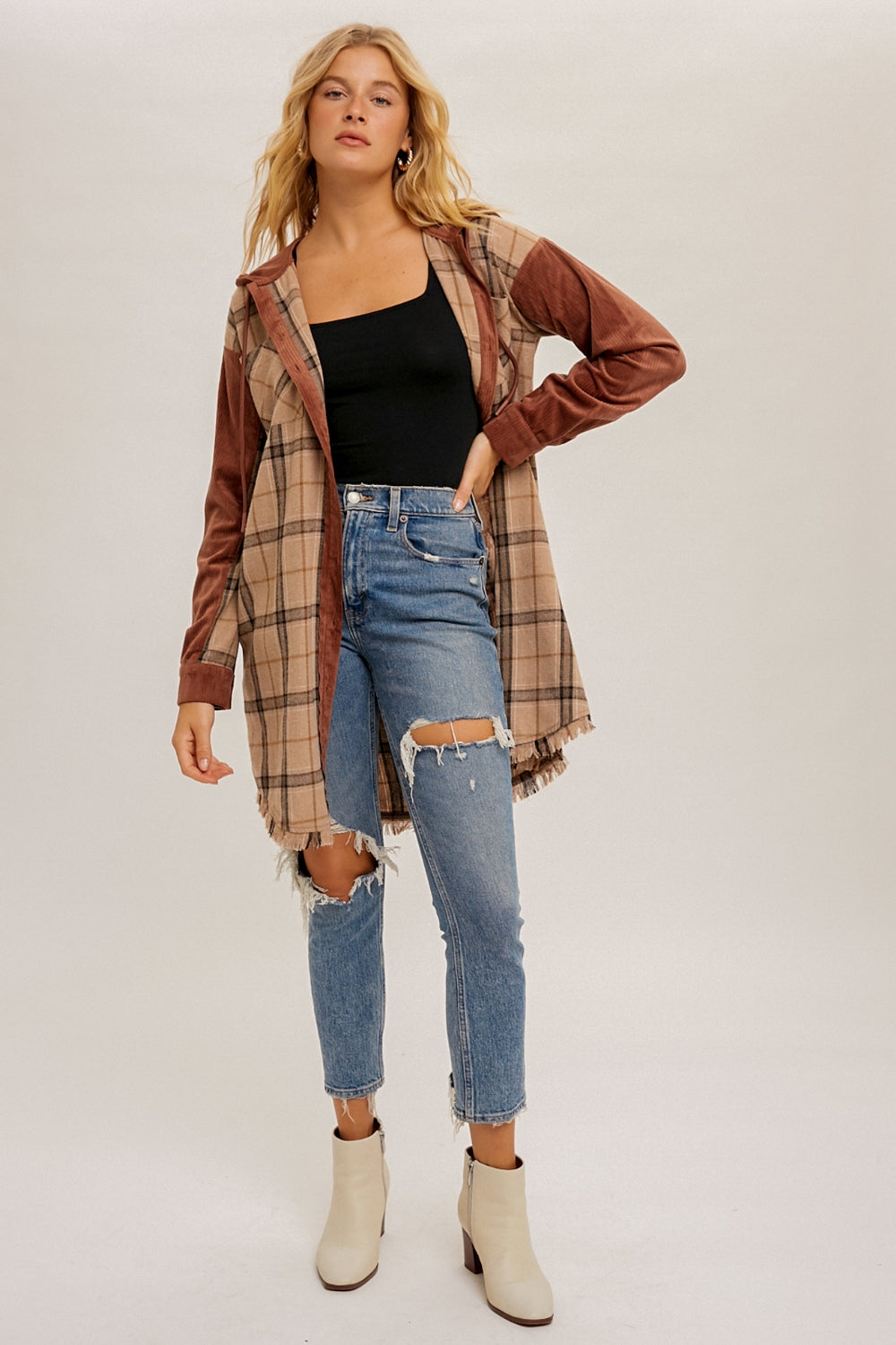 Check Corduroy Hoodie Tunic Shirt