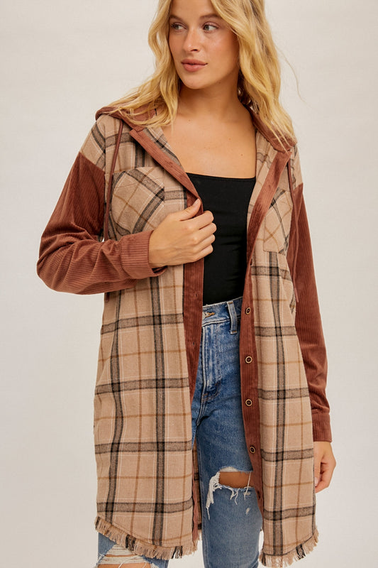 Check Corduroy Hoodie Tunic Shirt