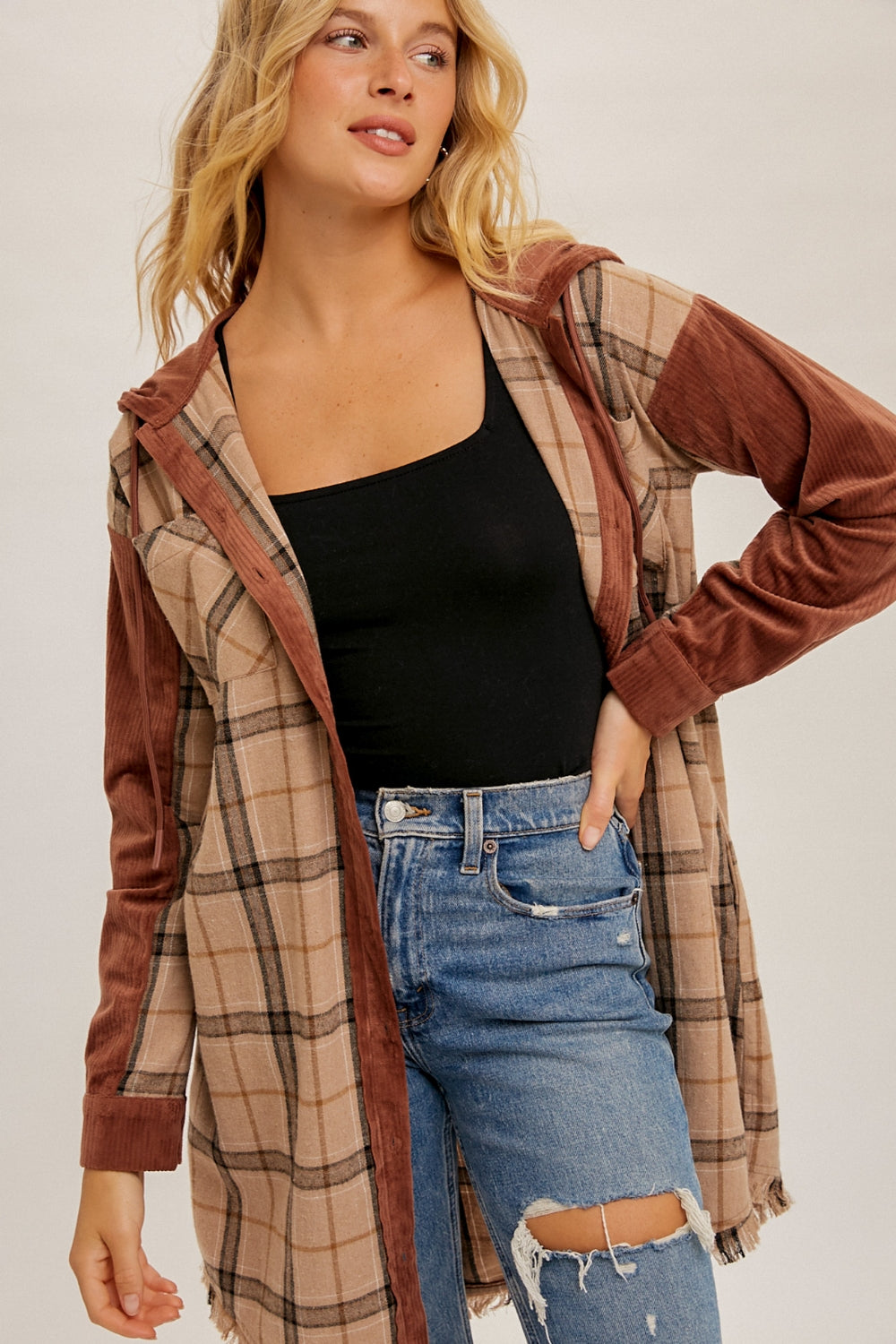 Check Corduroy Hoodie Tunic Shirt