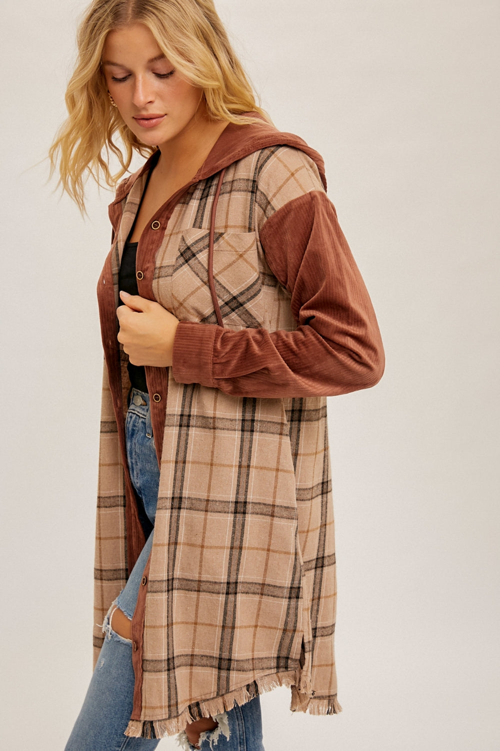 Check Corduroy Hoodie Tunic Shirt