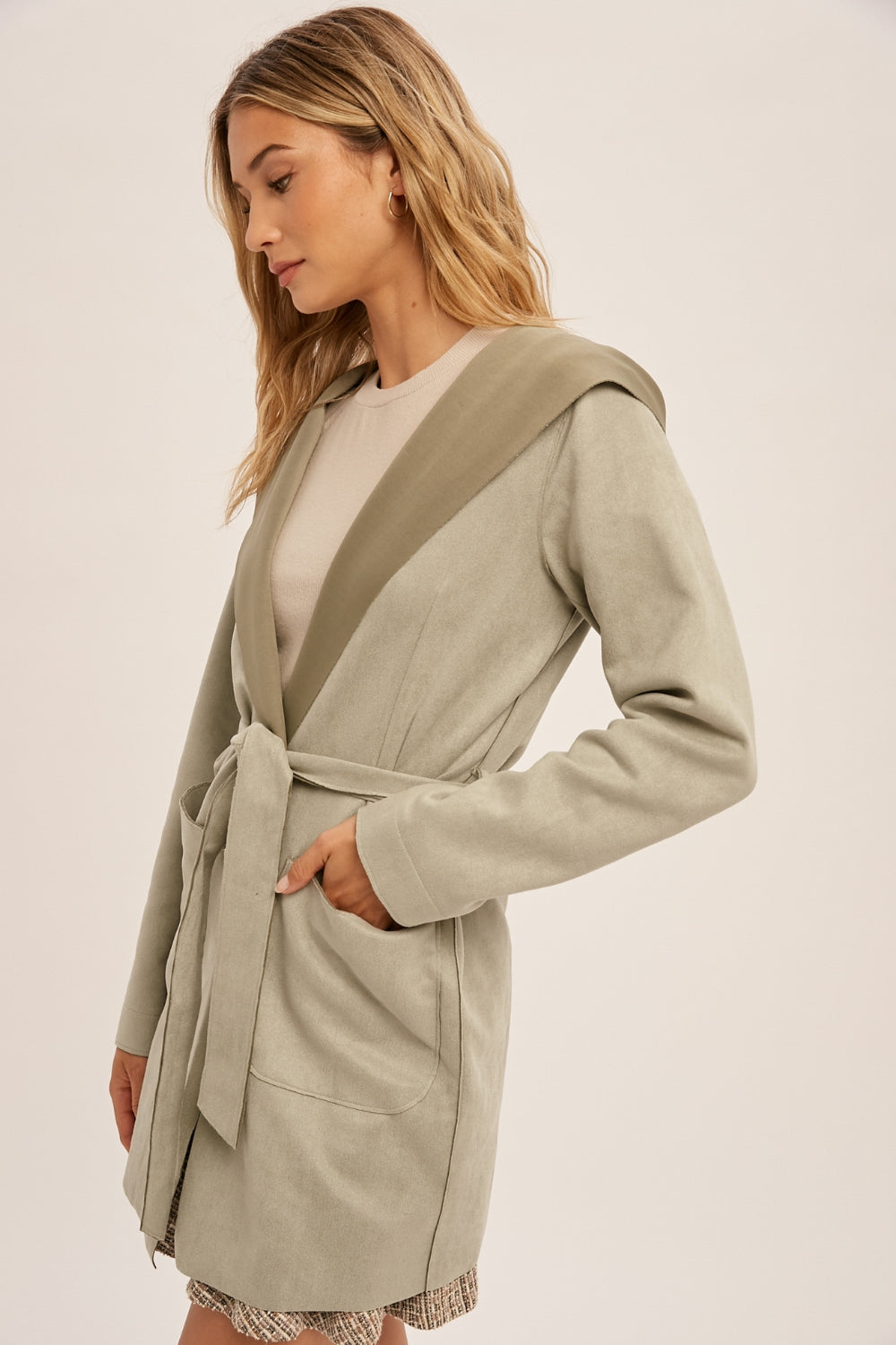 Micro Suede Belted Hoodie Coat