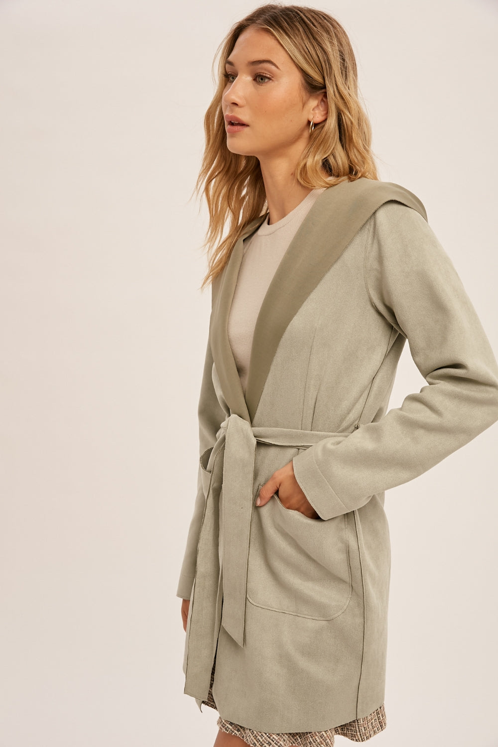 Micro Suede Belted Hoodie Coat