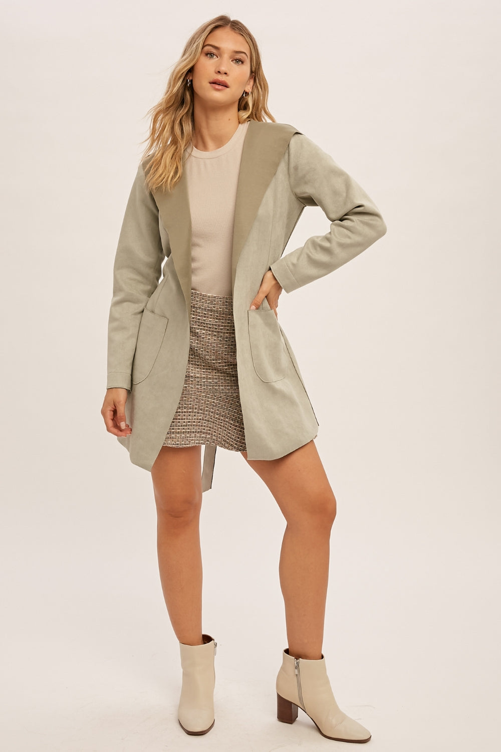 Micro Suede Belted Hoodie Coat