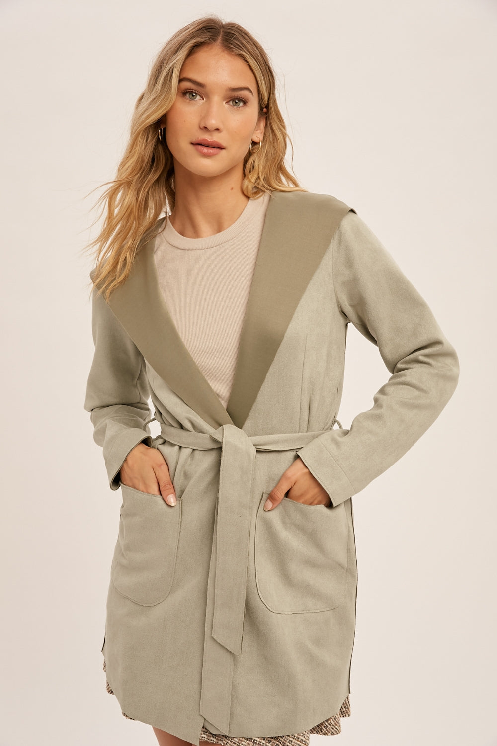 Micro Suede Belted Hoodie Coat