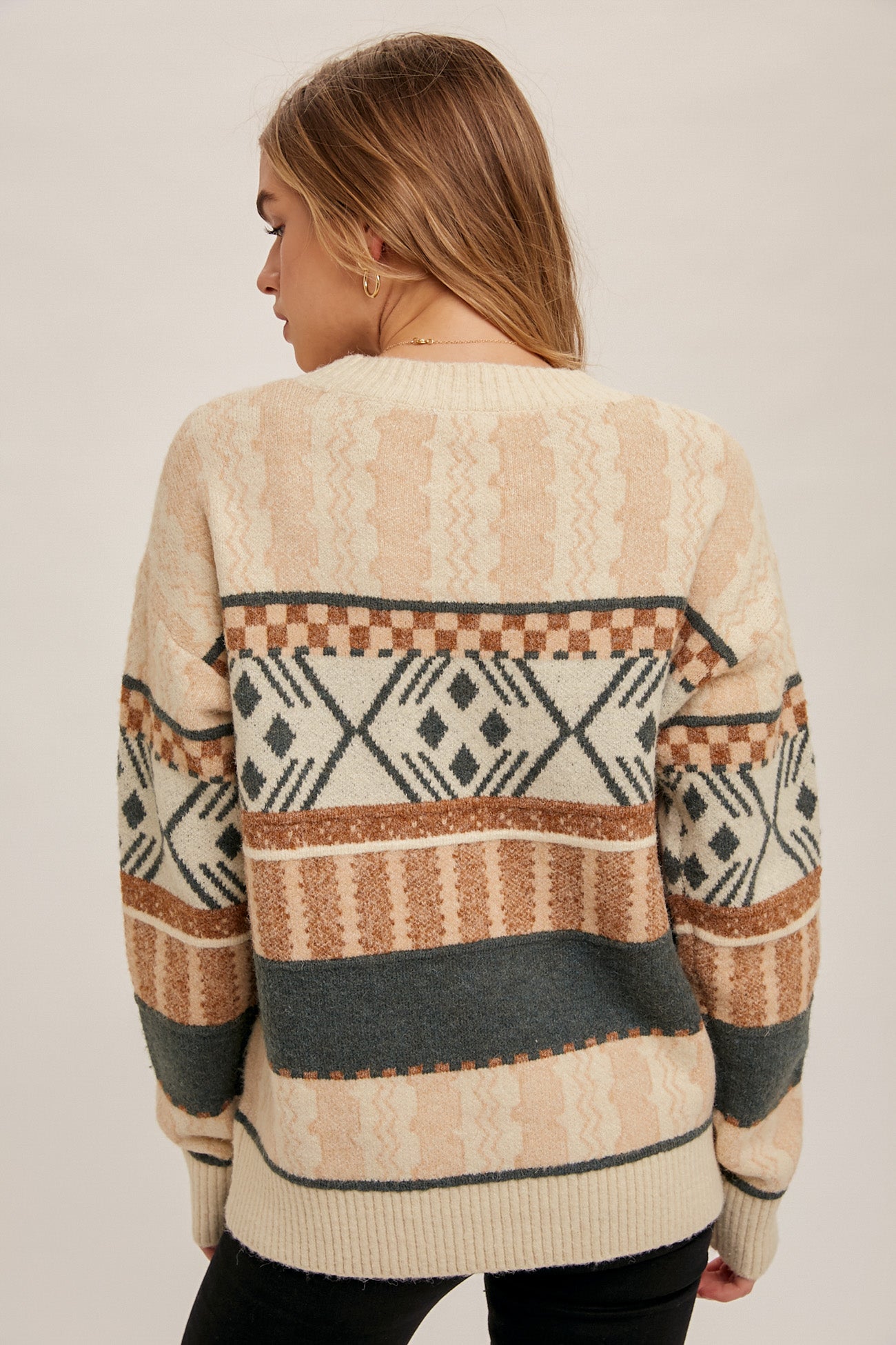 Color Block Aztec Print Crew Neck Sweater