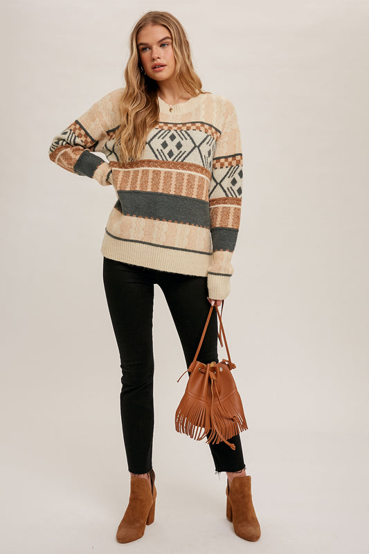 Color Block Aztec Print Crew Neck Sweater