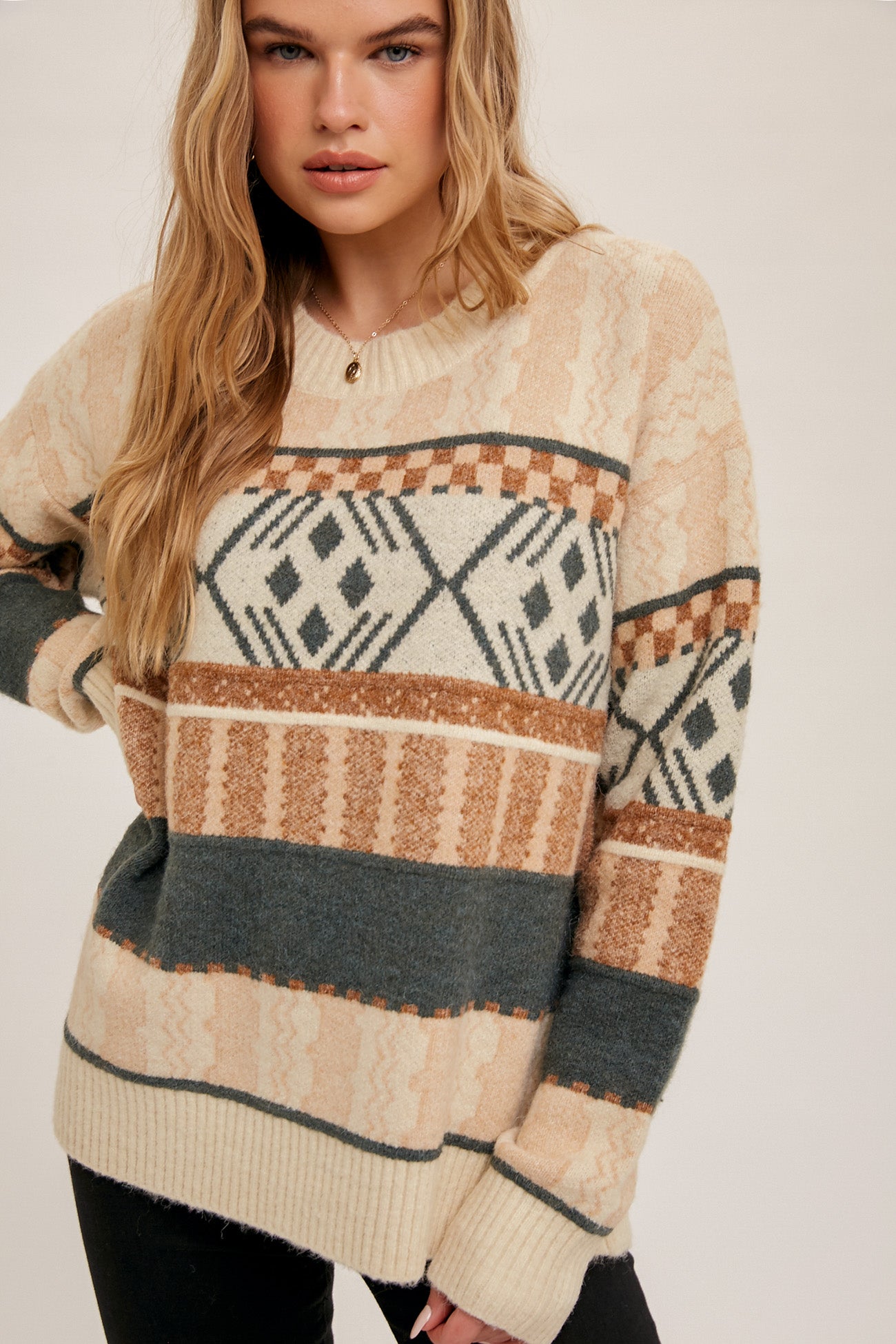 Color Block Aztec Print Crew Neck Sweater