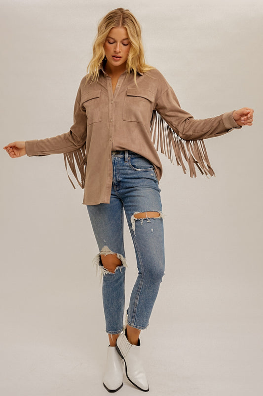 Button Down Suede Fringe Shacket