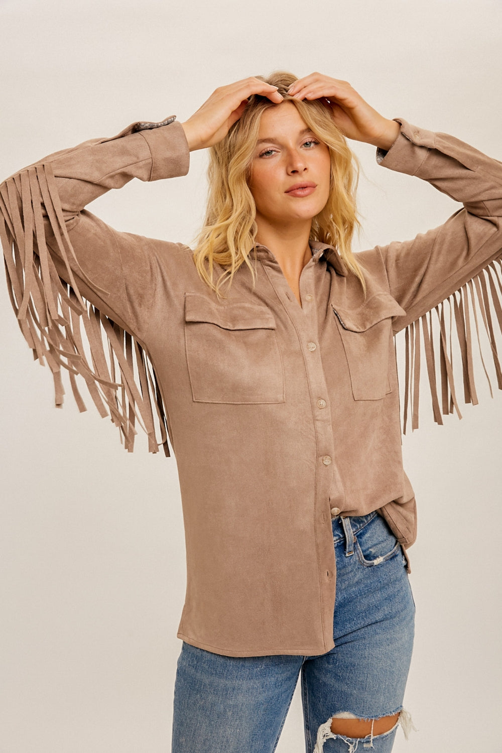 Button Down Suede Fringe Shacket