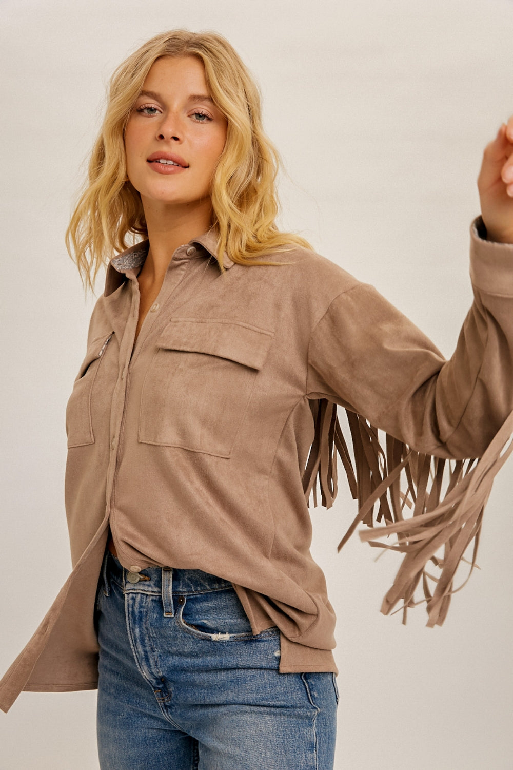 Button Down Suede Fringe Shacket