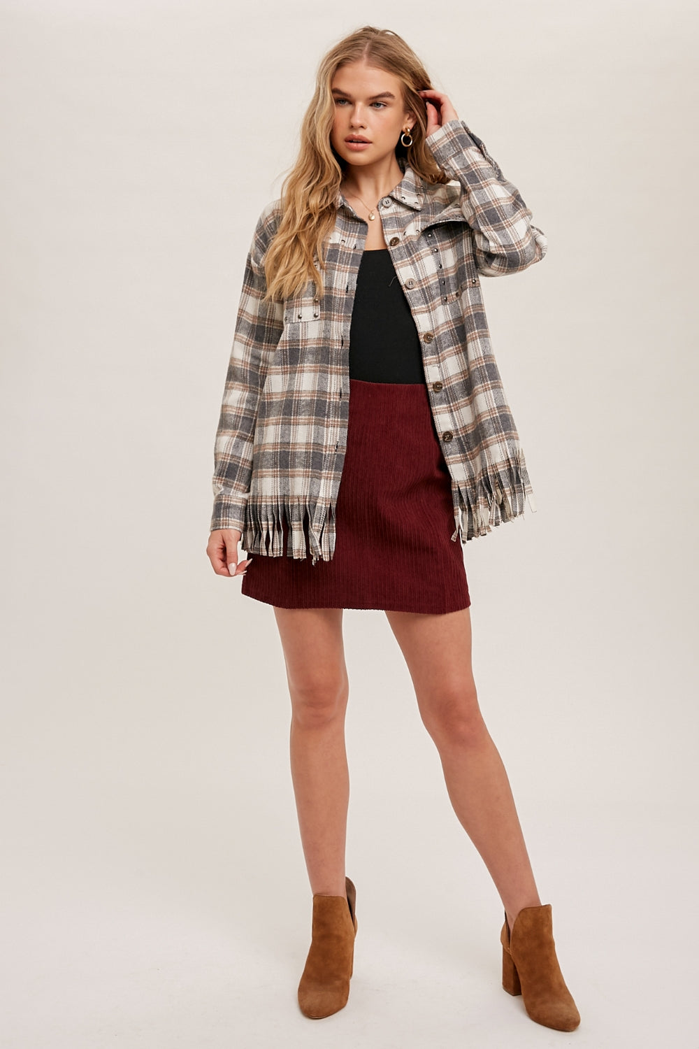 Fringe Plaid Studded Button Down Jacket