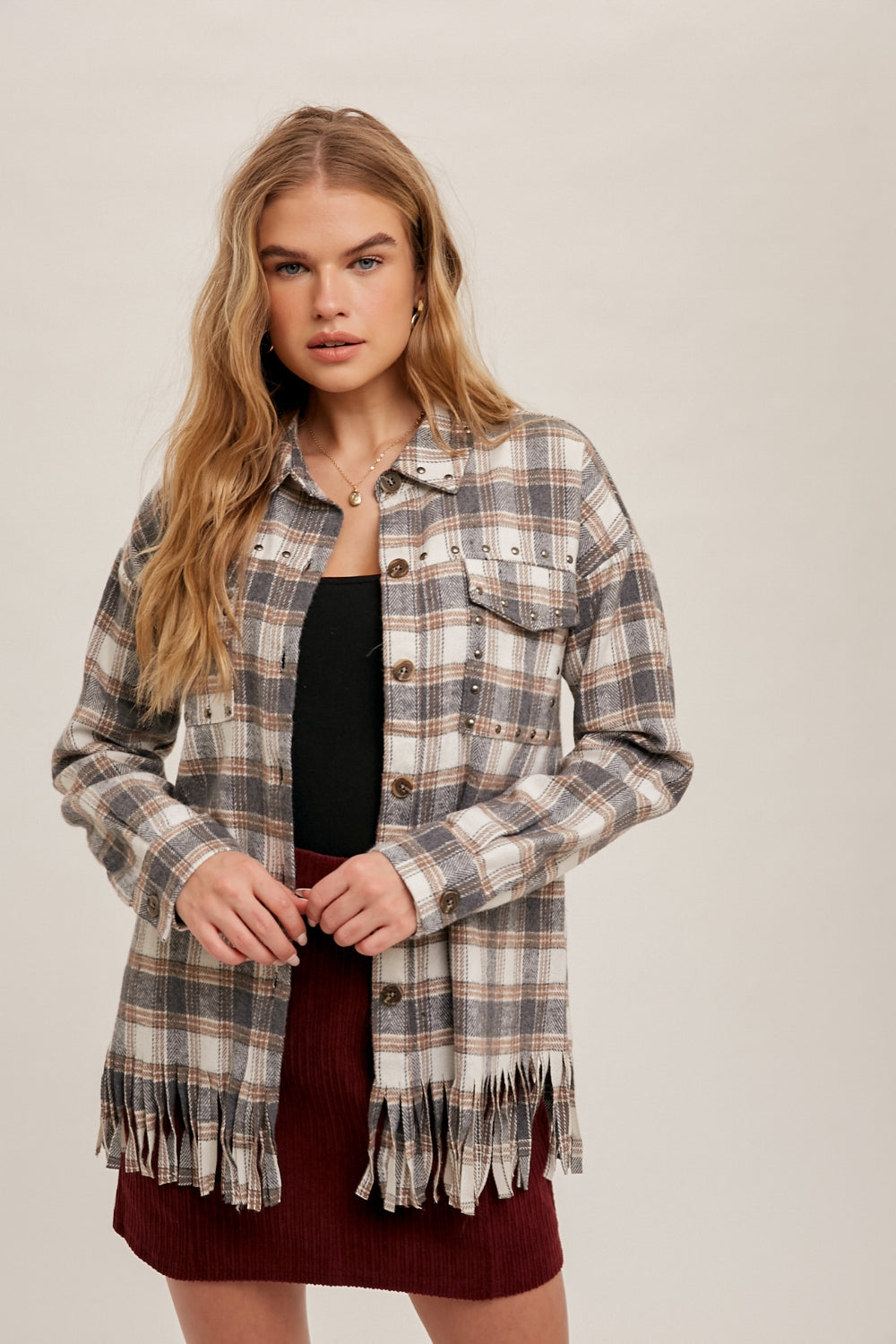 Fringe Plaid Studded Button Down Jacket