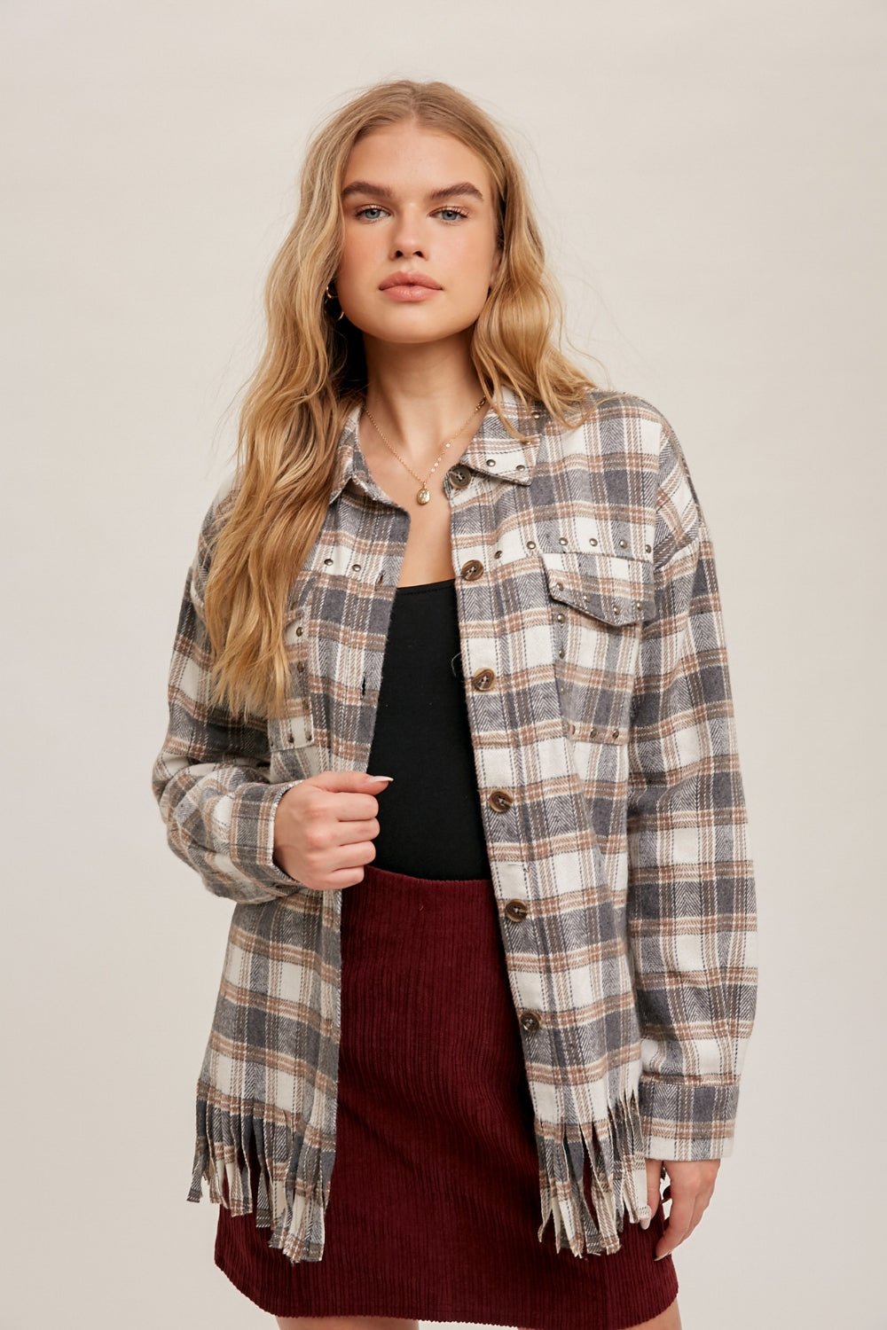 Fringe Plaid Studded Button Down Jacket