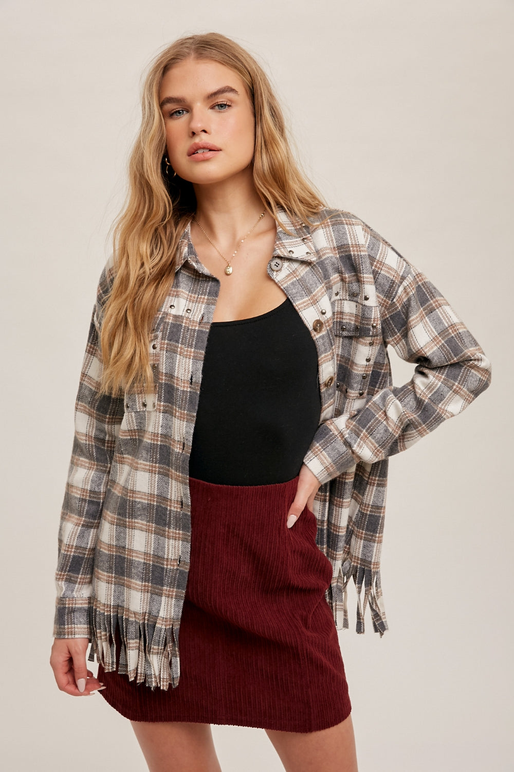 Fringe Plaid Studded Button Down Jacket