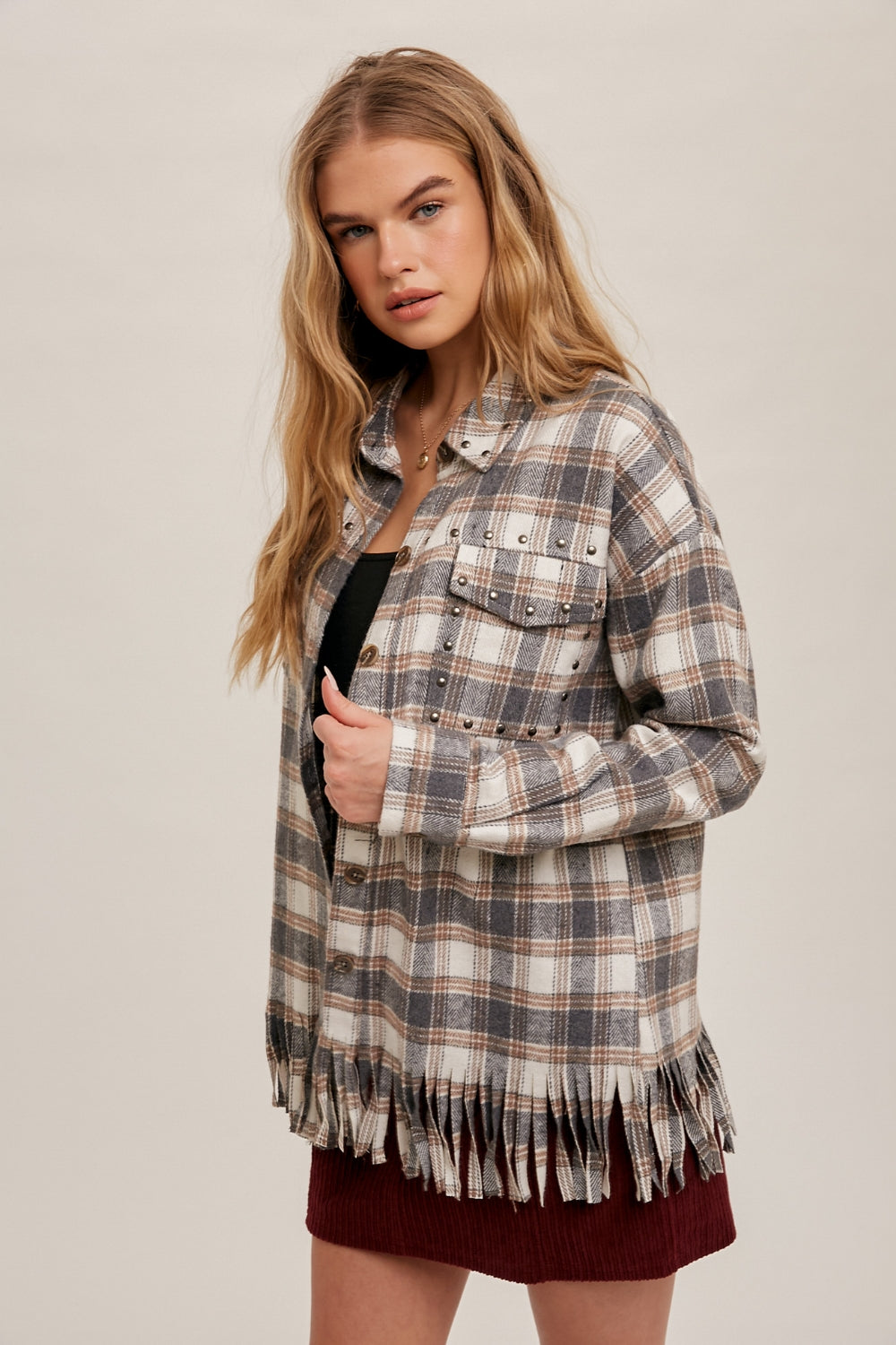 Fringe Plaid Studded Button Down Jacket