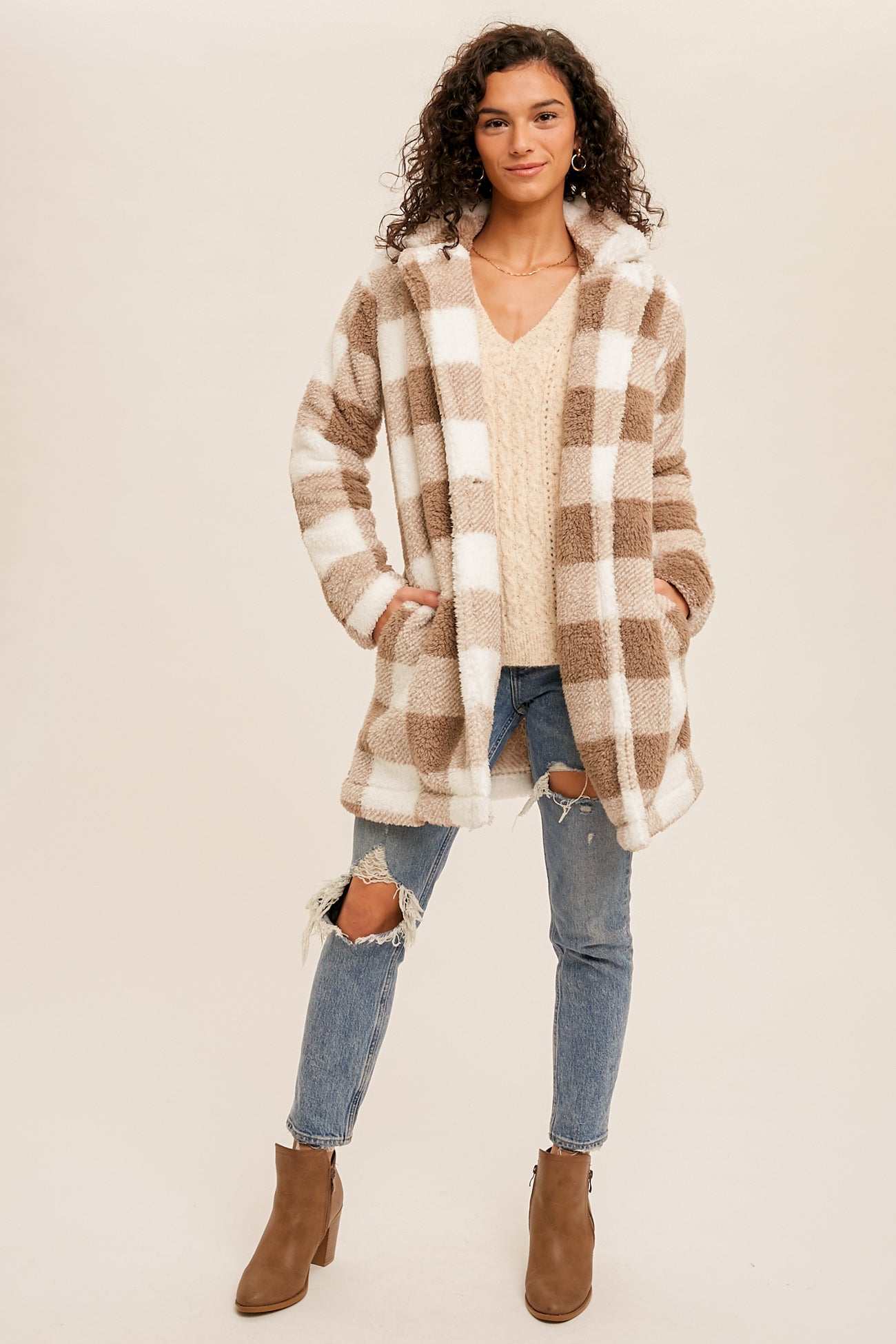 Sherpa Plaid Long Button Down Jacket