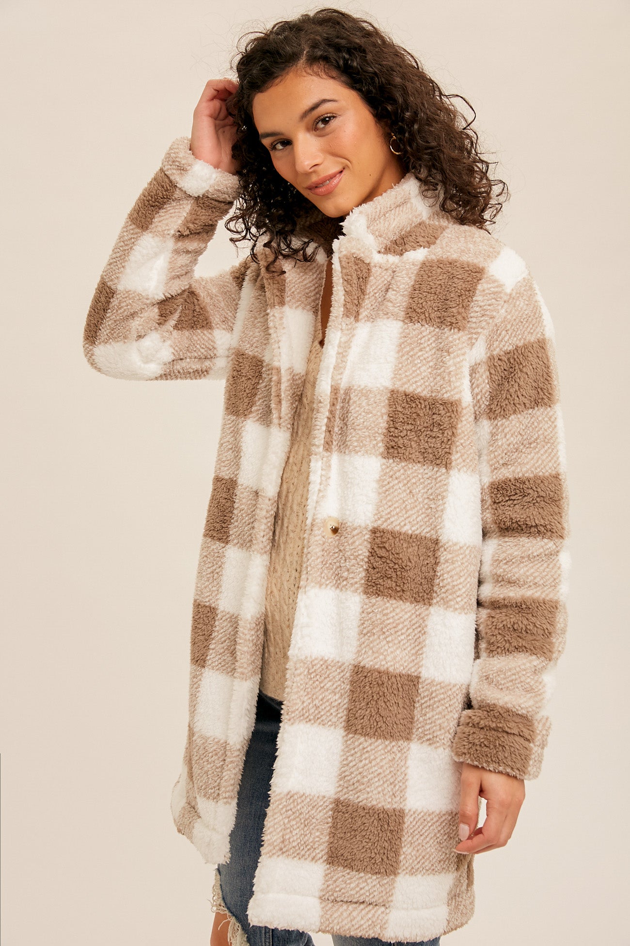 Sherpa Plaid Long Button Down Jacket