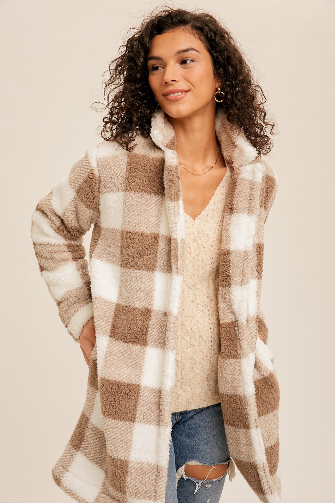 Sherpa Plaid Long Button Down Jacket