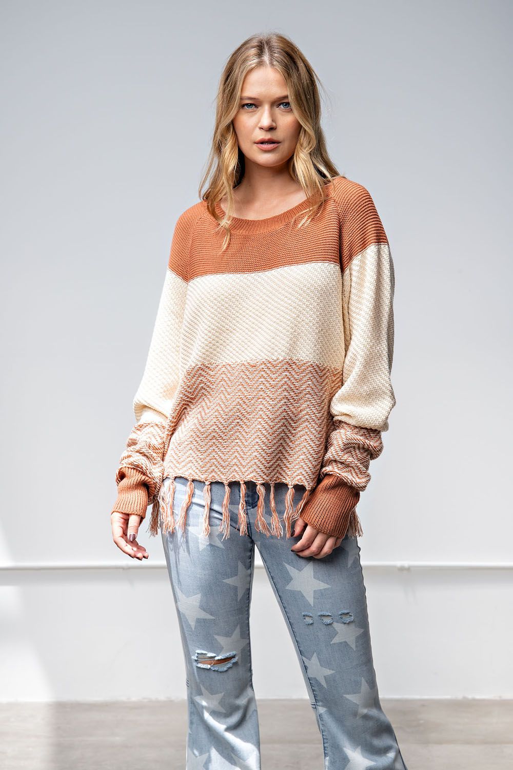 Color Block Sweater with Fringe Bottom