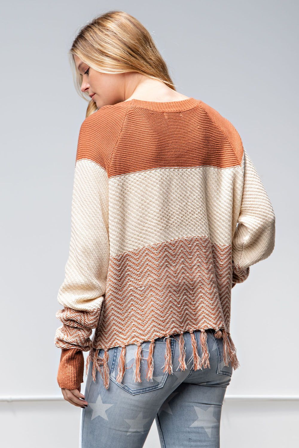 Color Block Sweater with Fringe Bottom