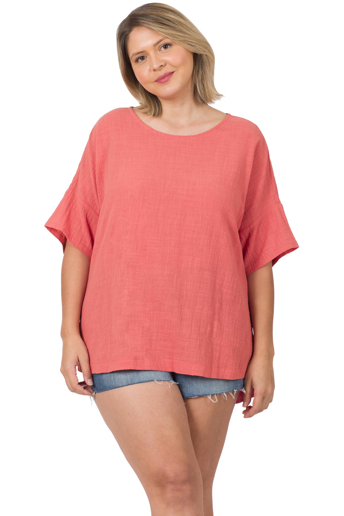 Textured Cotton Short Sleeve Woven Top