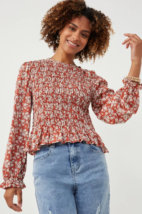 Smocked Woven Floral Top