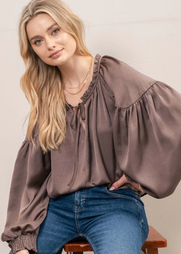 Satin Effect Peasant Blouse