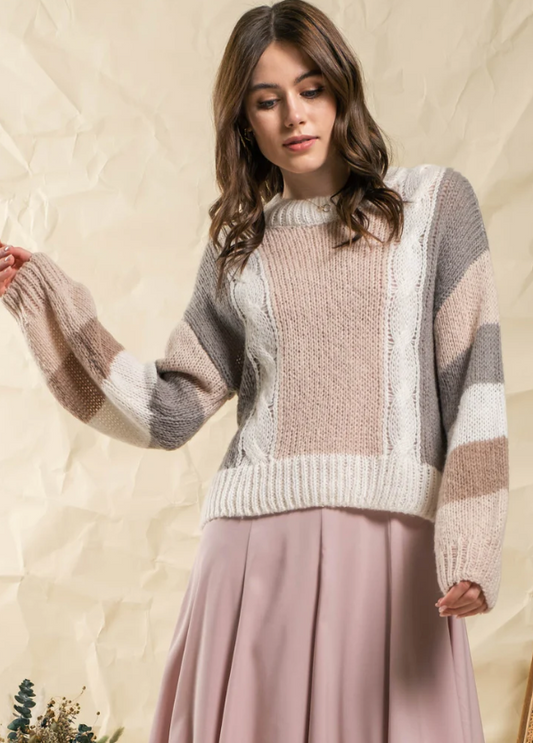 Color Block Cable Knit Sweater